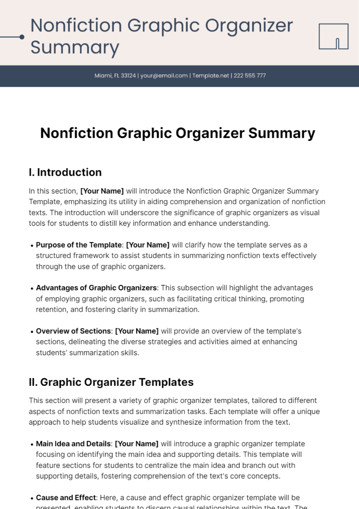Free Nonfiction Graphic Organizer Summary Template