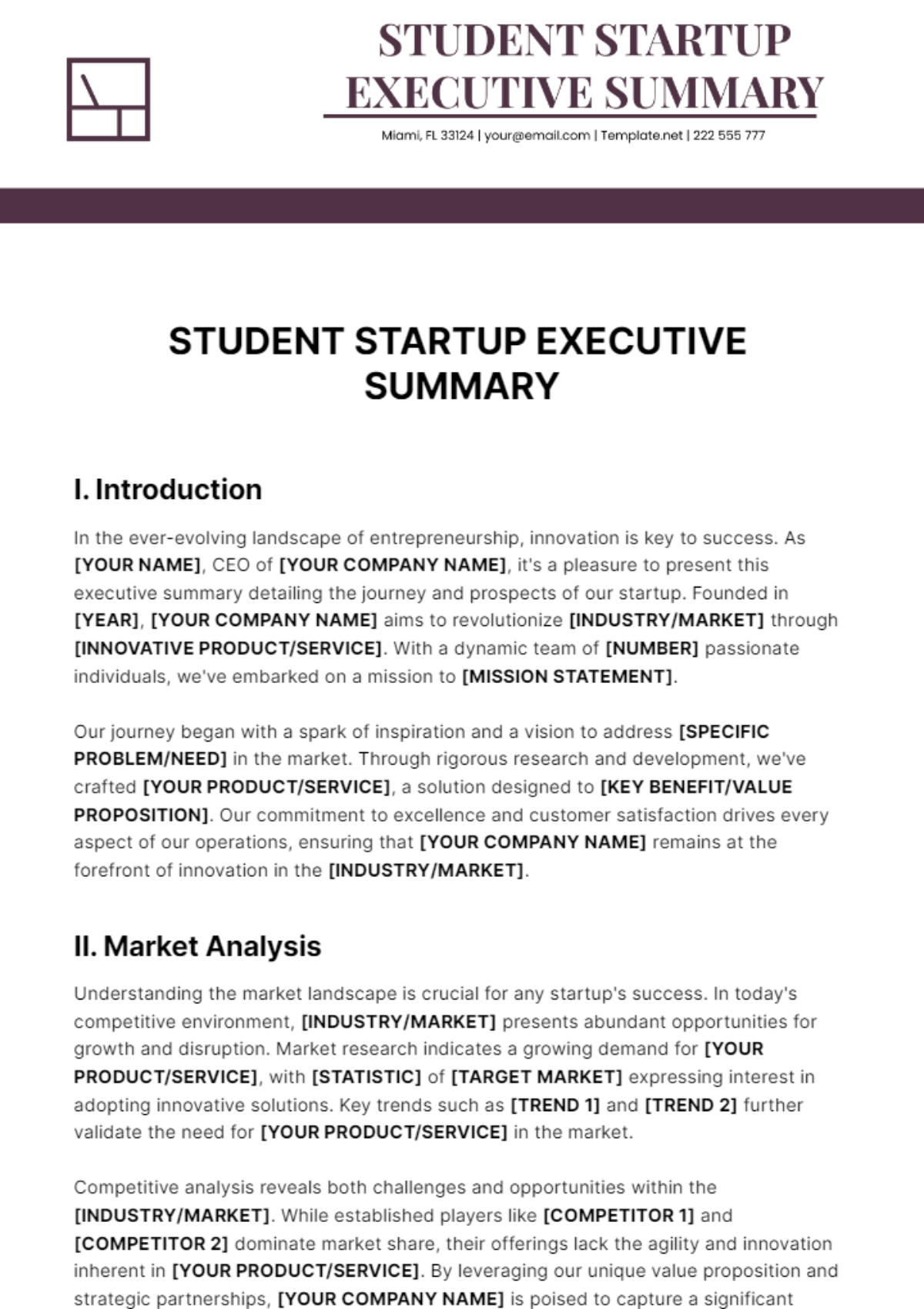 Student Startup Executive Summary Template