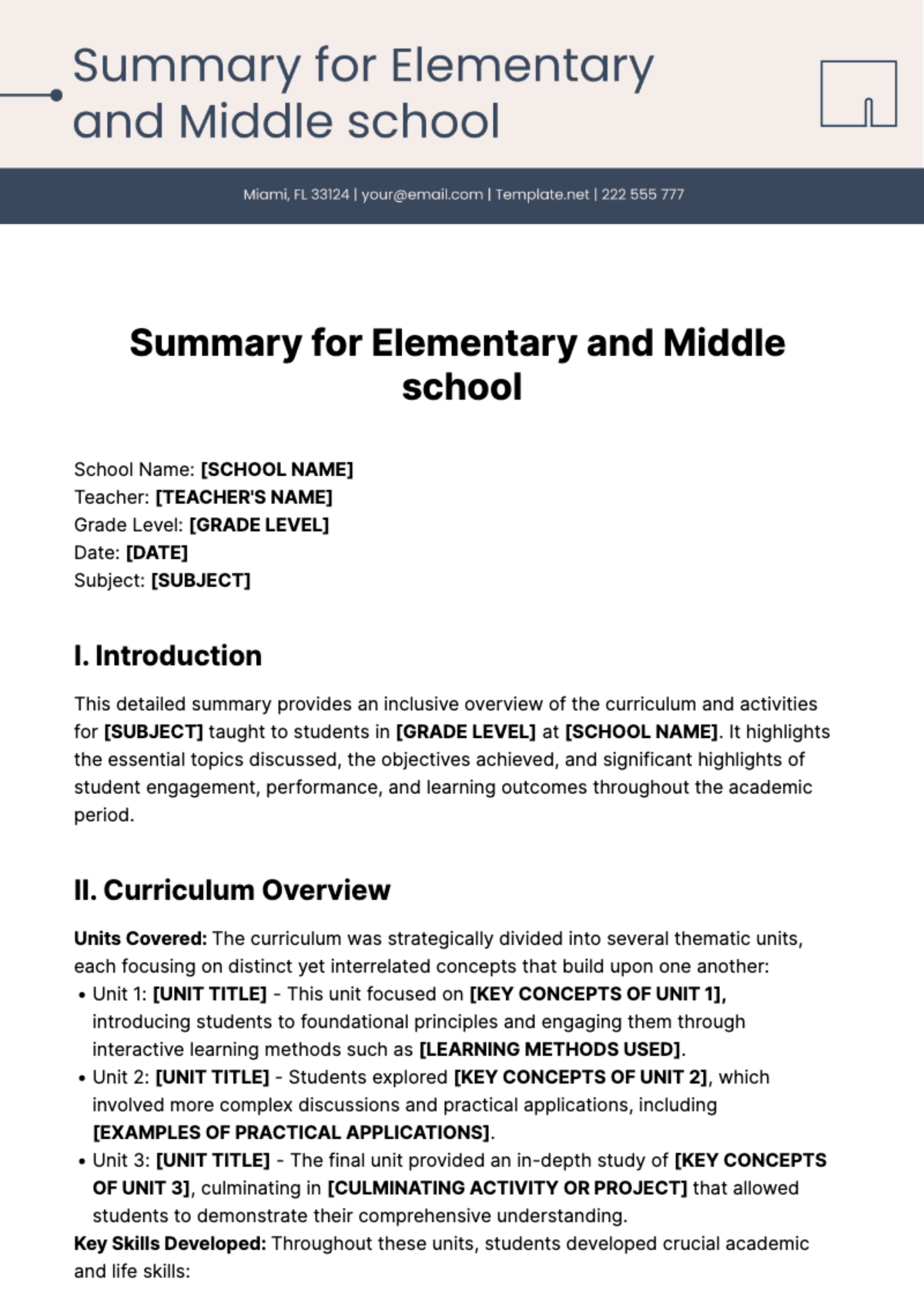 Free Summary for Elementary and Middle school Template