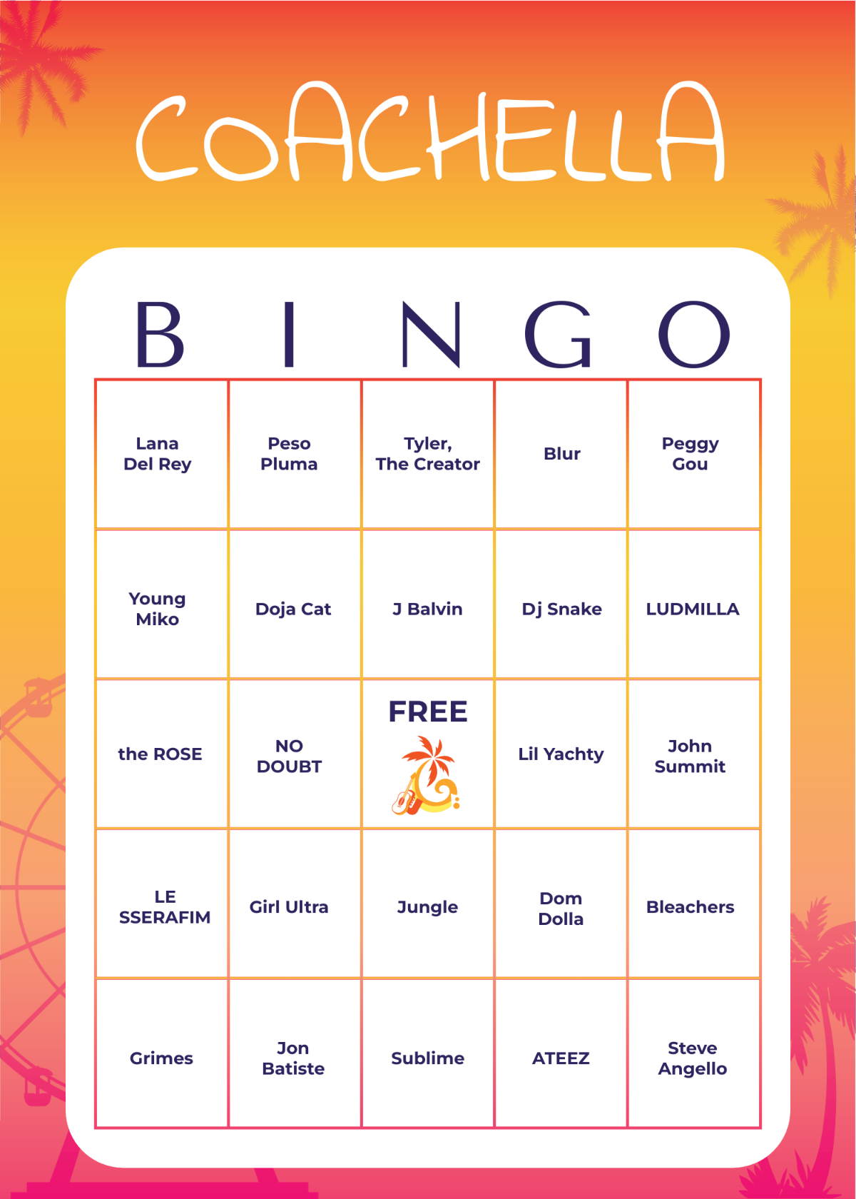 Free Coachella Bingo Card Template