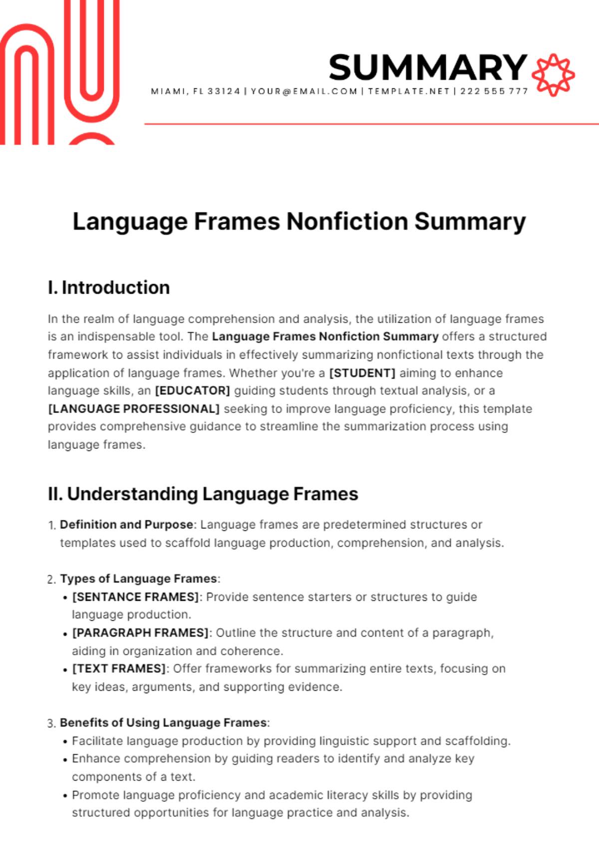 Language Frames Nonfiction Summary Template