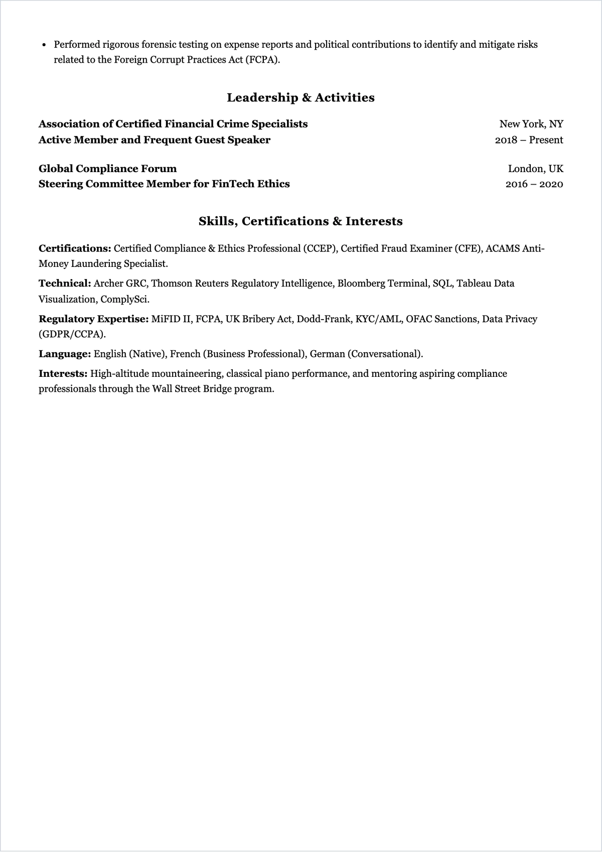 Free Ethics And Compliance Officer ATS Resume Template