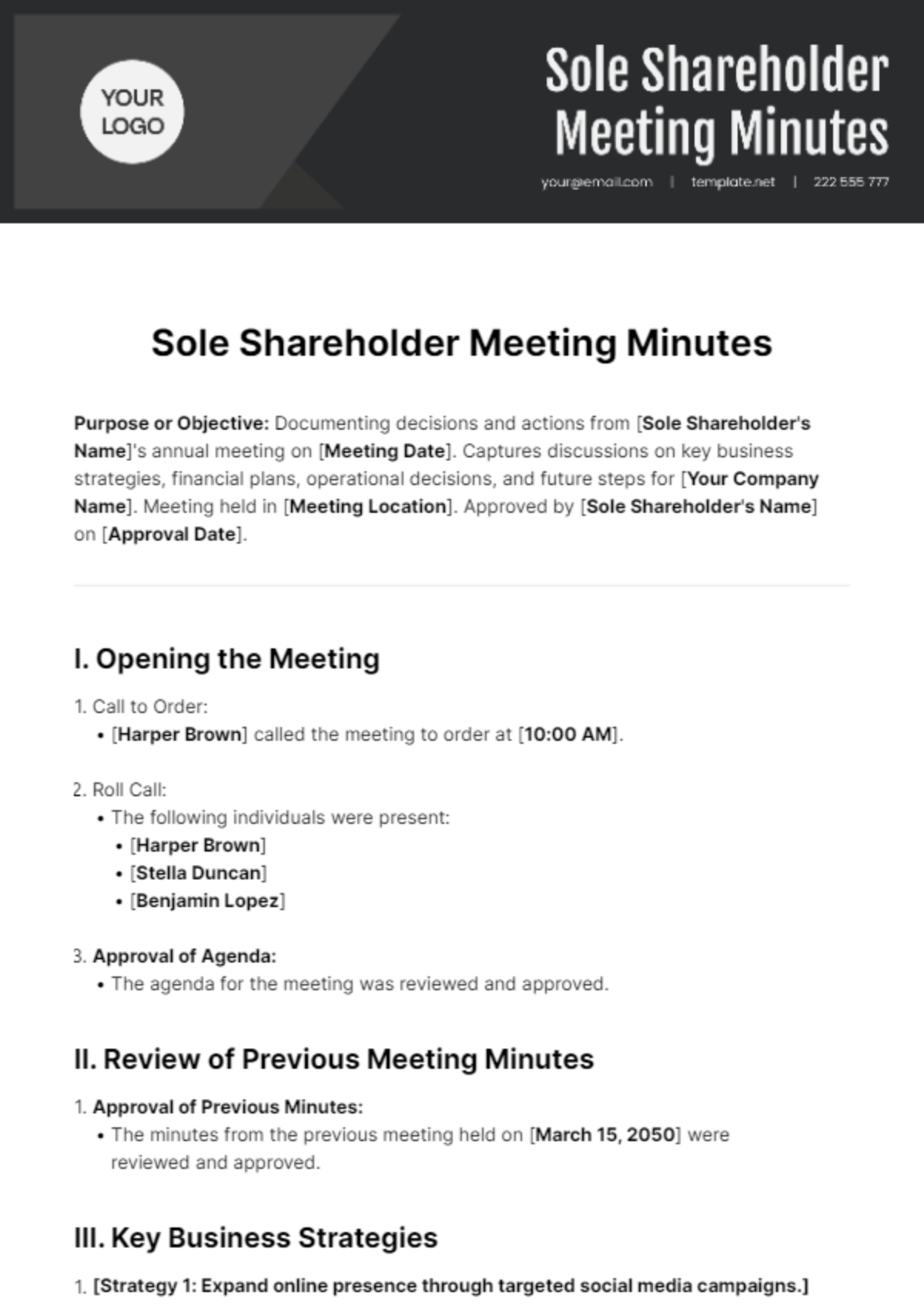 Sole Shareholder Meeting Minutes Template - Edit Online & Download