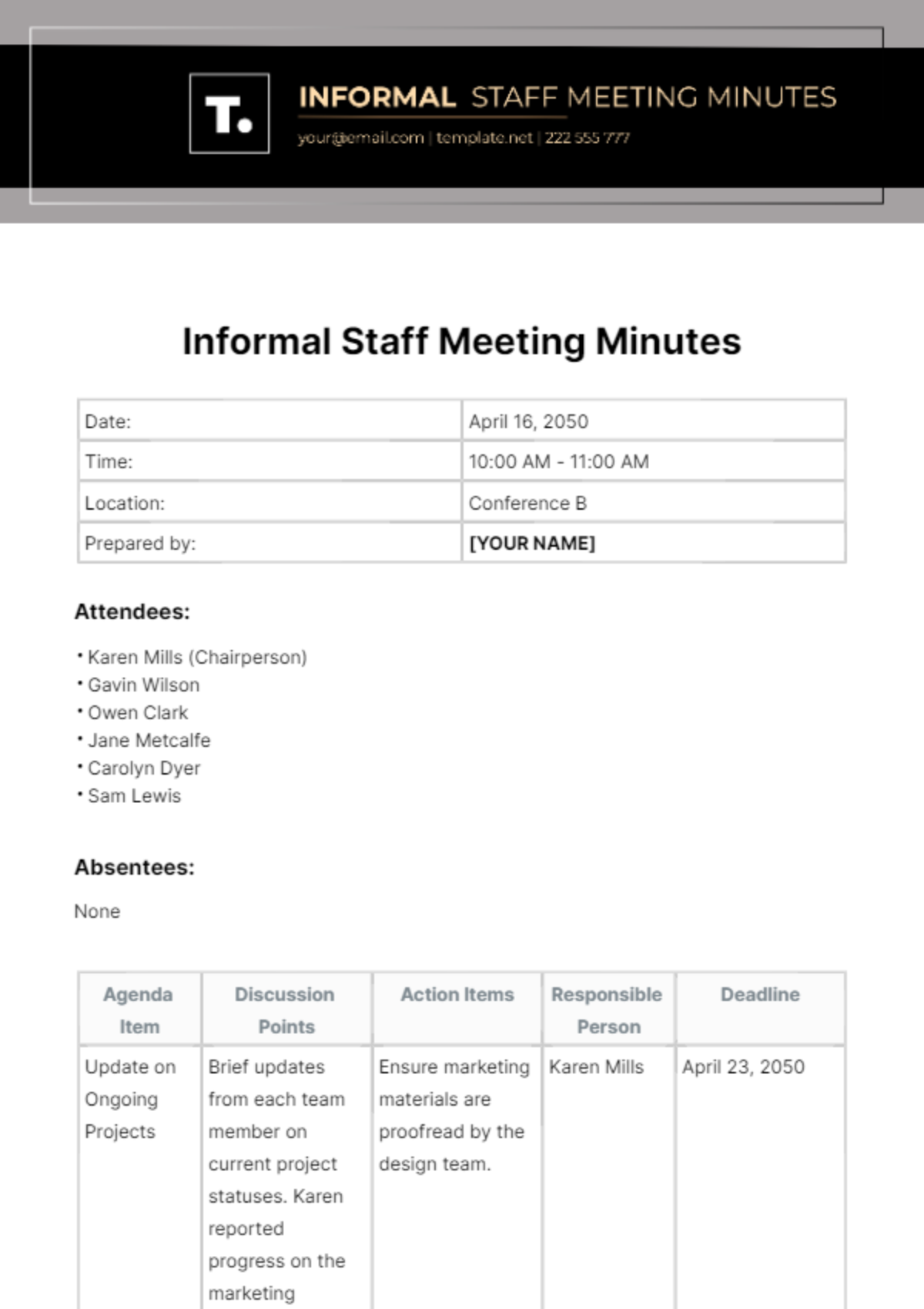 Informal Staff Meeting Minutes Template - Edit Online & Download