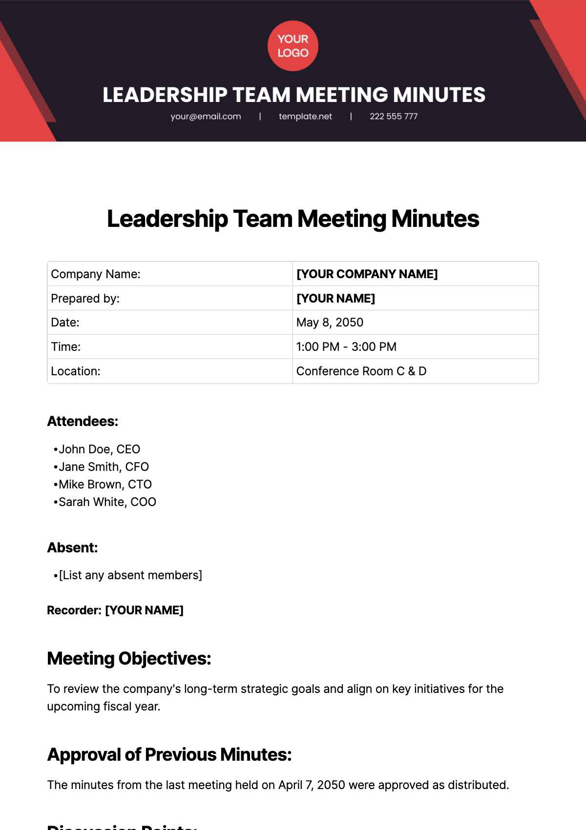 Leadership Team Meeting Minutes Template - Edit Online & Download