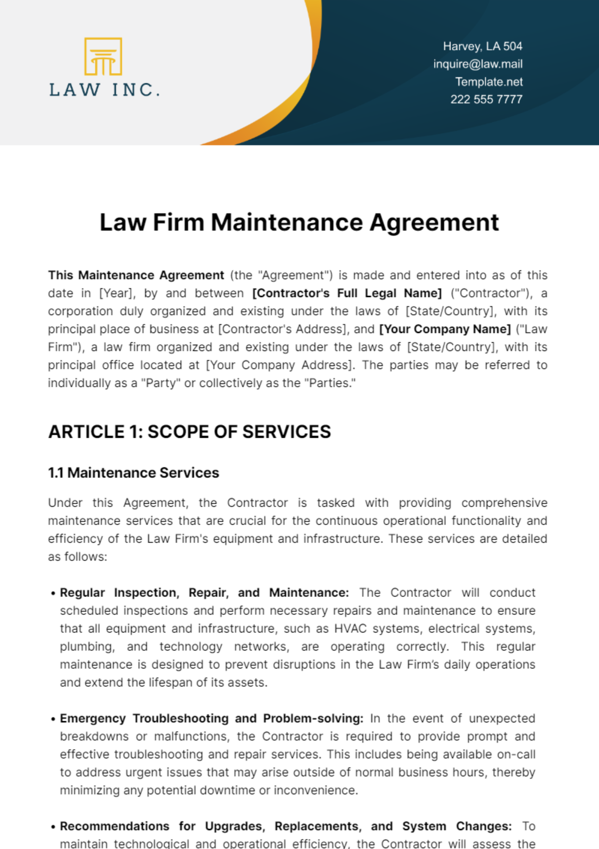 Free Law Firm Maintenance Agreement Template