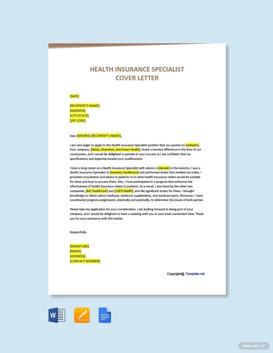 Health Insurance Specialist Cover Letter