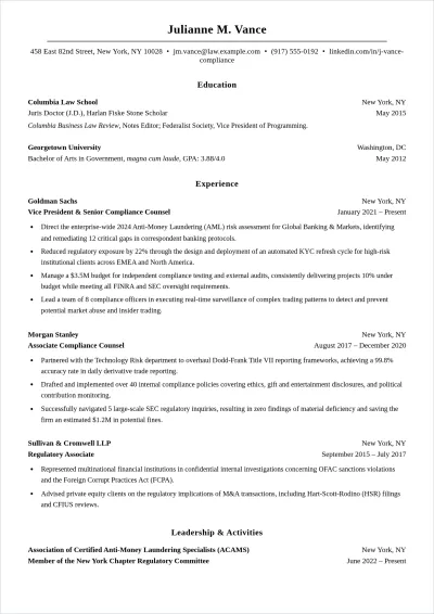Free Compliance Attorney ATS Resume Template, AI Resume Builder