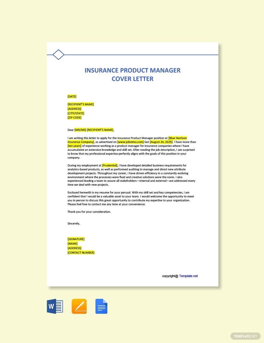 Insurance Product Manager Cover Letter Template