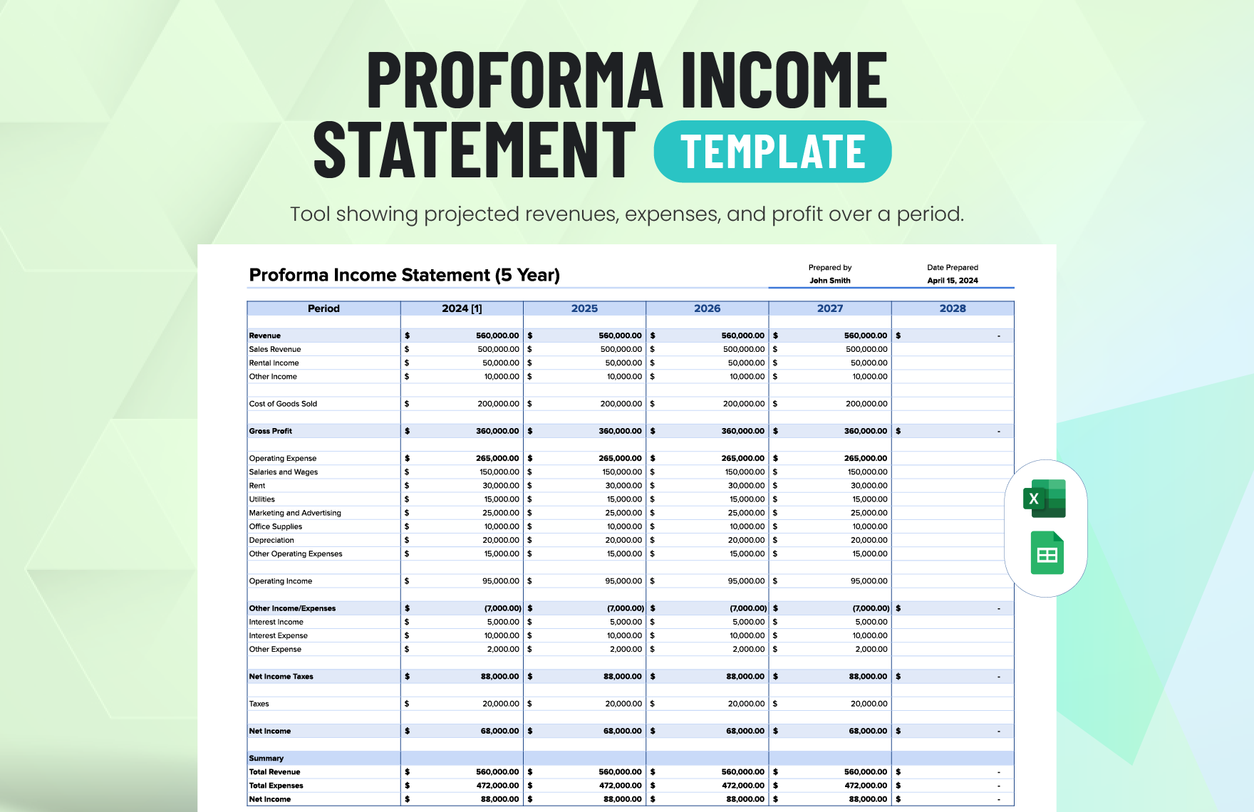 Proforma Income Statement Template in Excel, Google Sheets