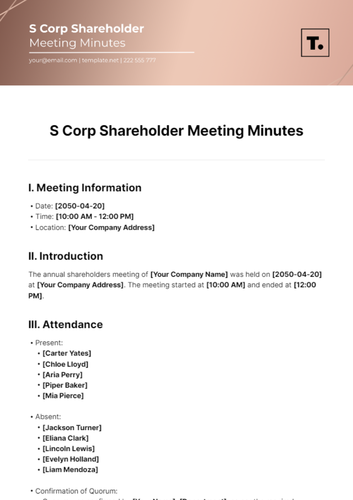 S Corp Shareholder Meeting Minutes Template - Edit Online & Download