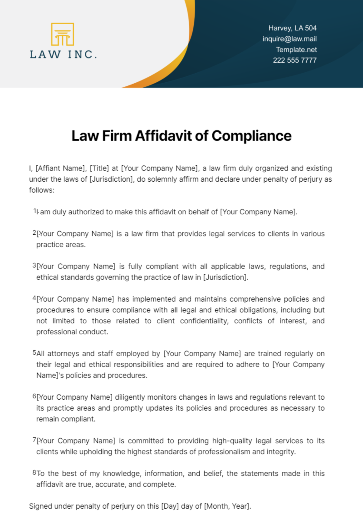Law Firm Affidavit of Compliance Template