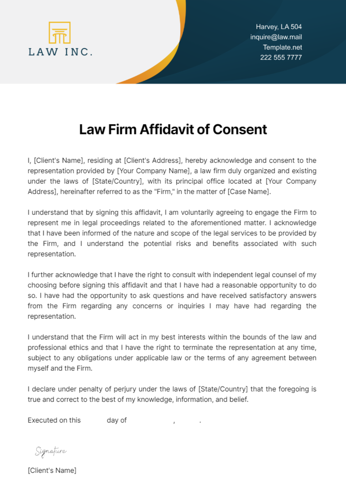 Law Firm Affidavit of Consent Template