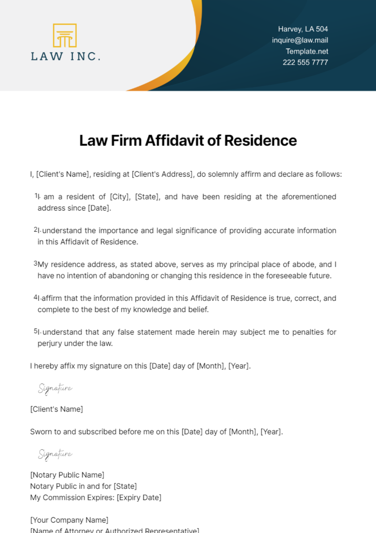 Law Firm Affidavit of Residence Template