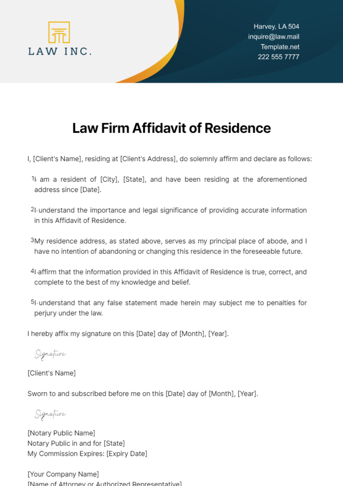 Law Firm Affidavit of Residence Template - Edit Online & Download