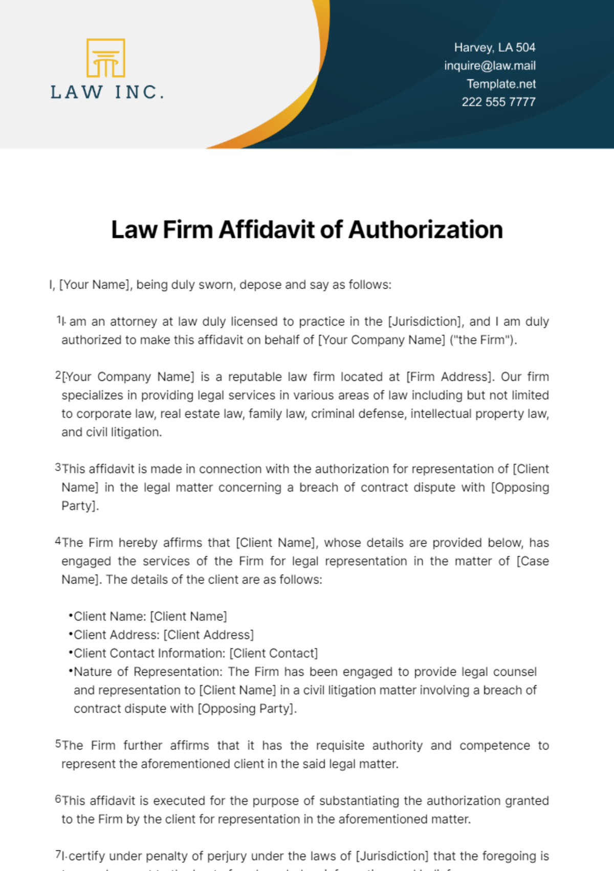 Law Firm Affidavit of Authorization Template - Edit Online & Download