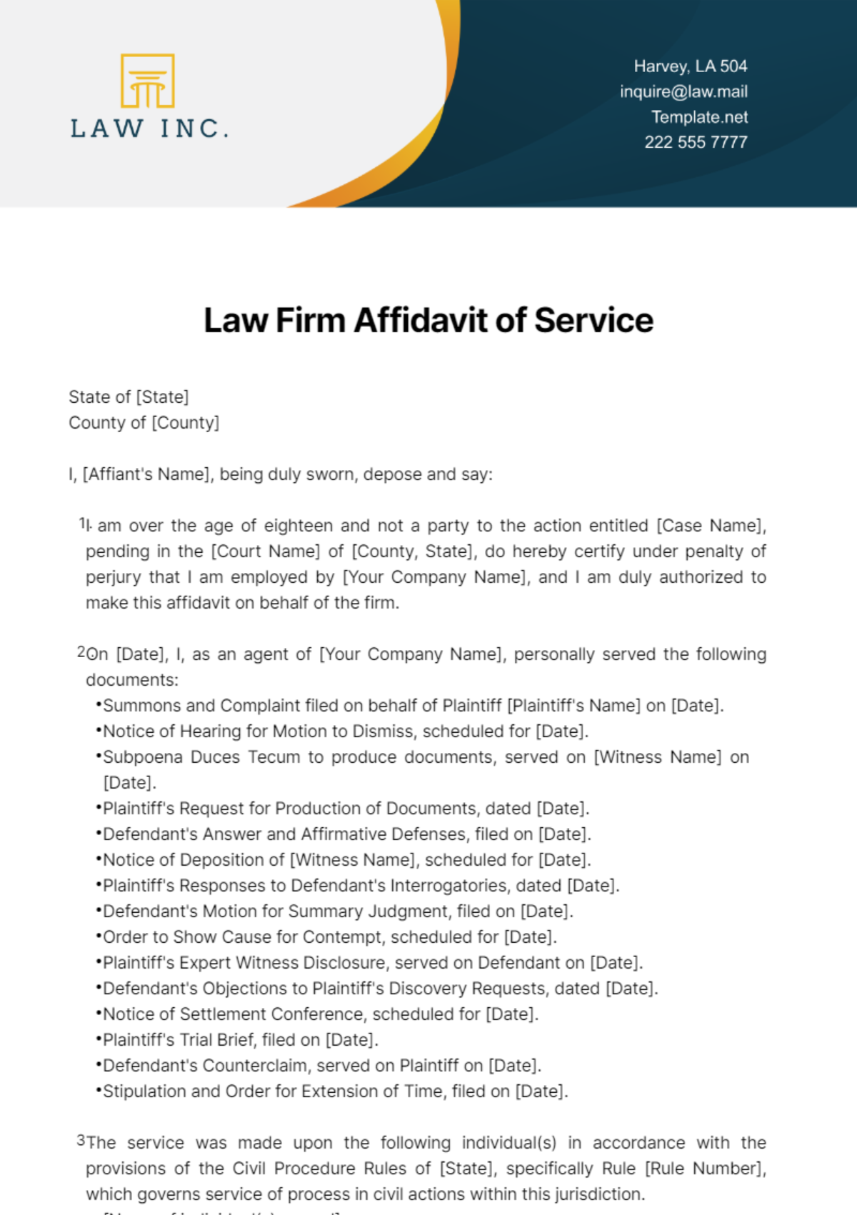 Law Firm Affidavit of Service Template