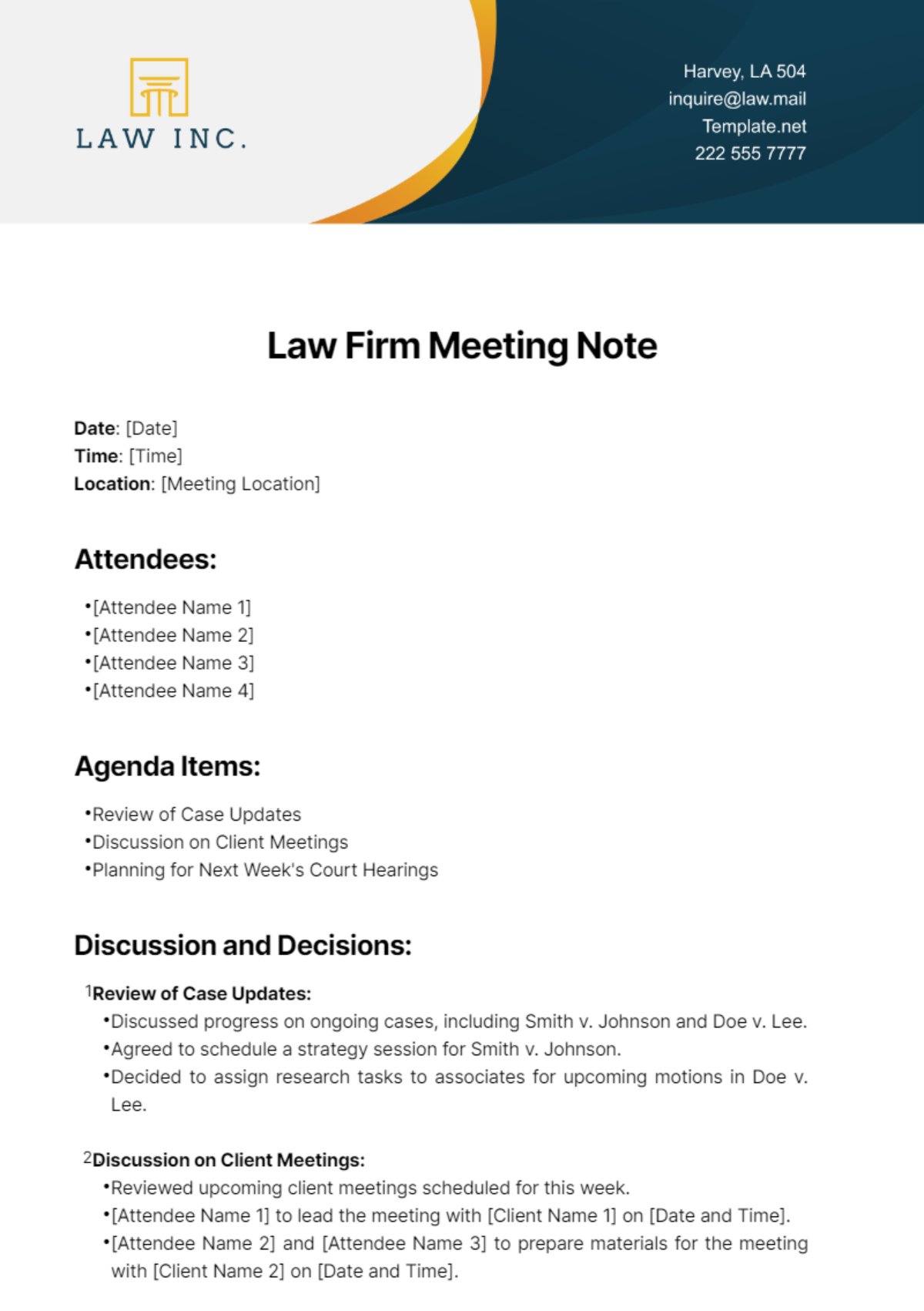 Law Firm Meeting Note Template