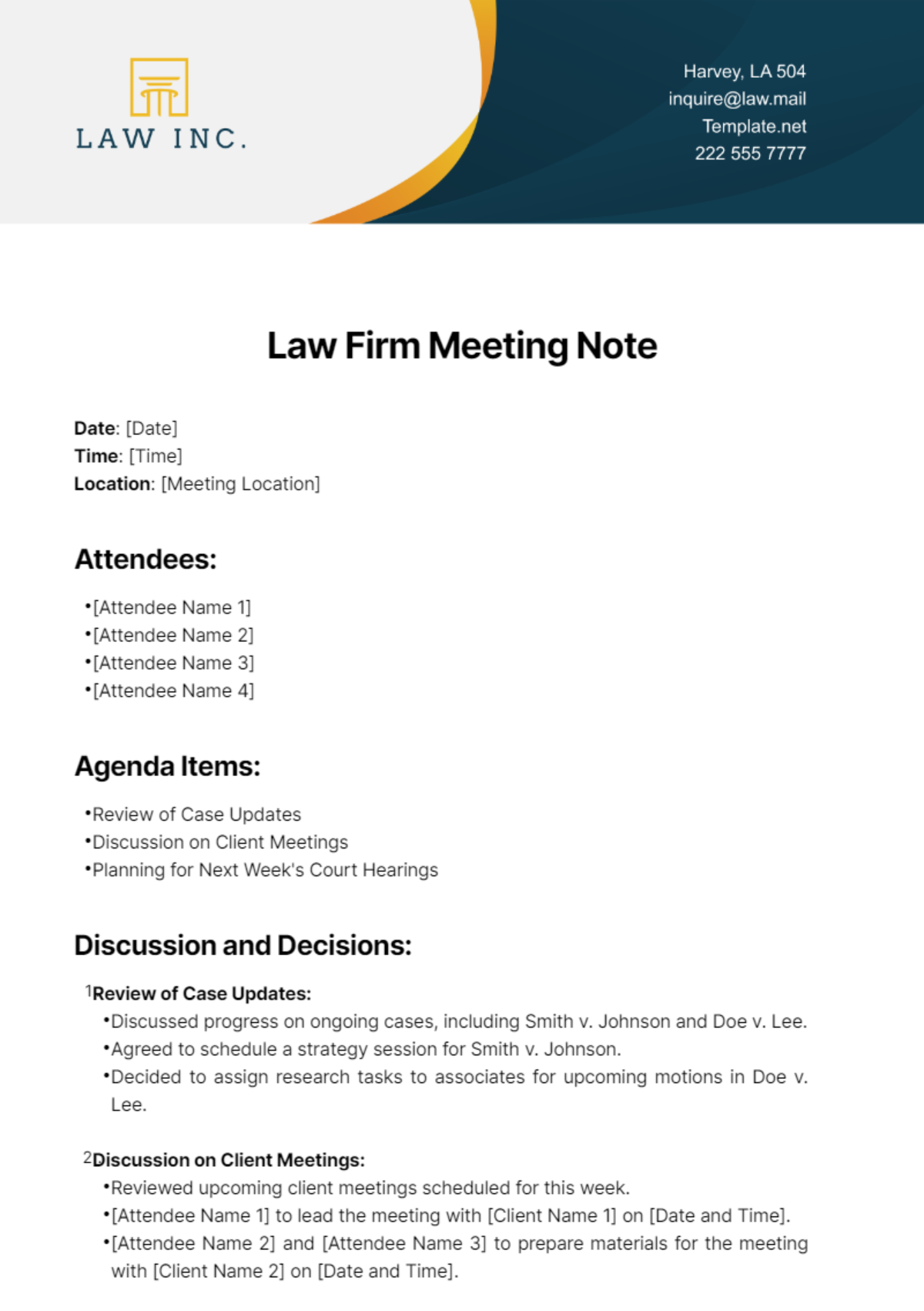 Law Firm Meeting Note Template - Edit Online & Download