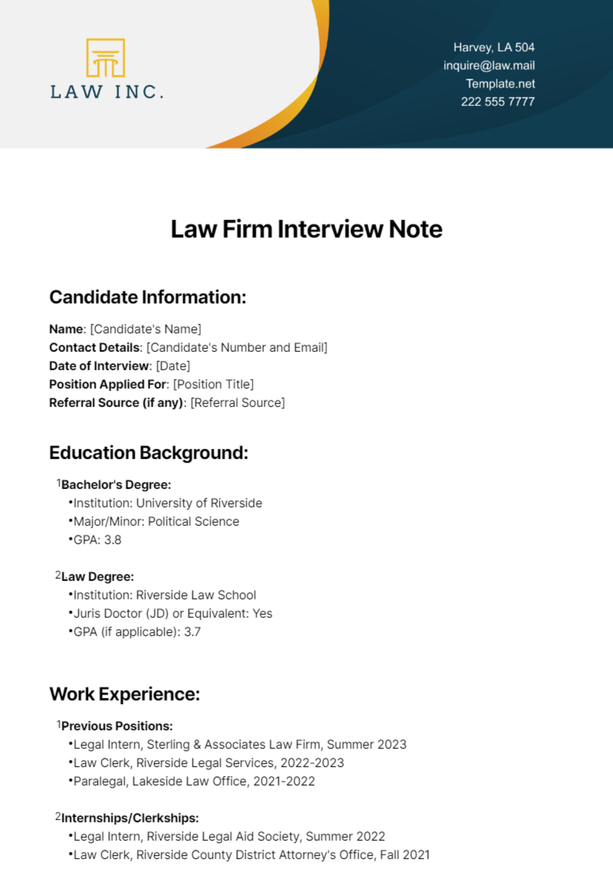 Law Firm Interview Note Template