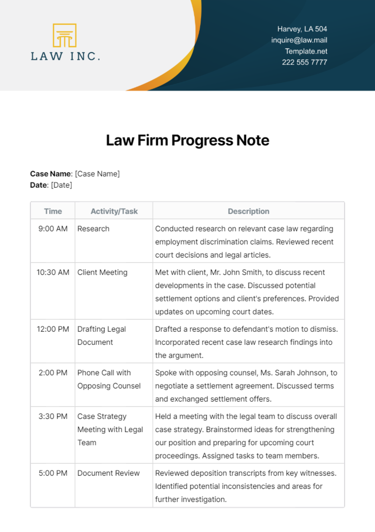Law Firm Progress Note Template