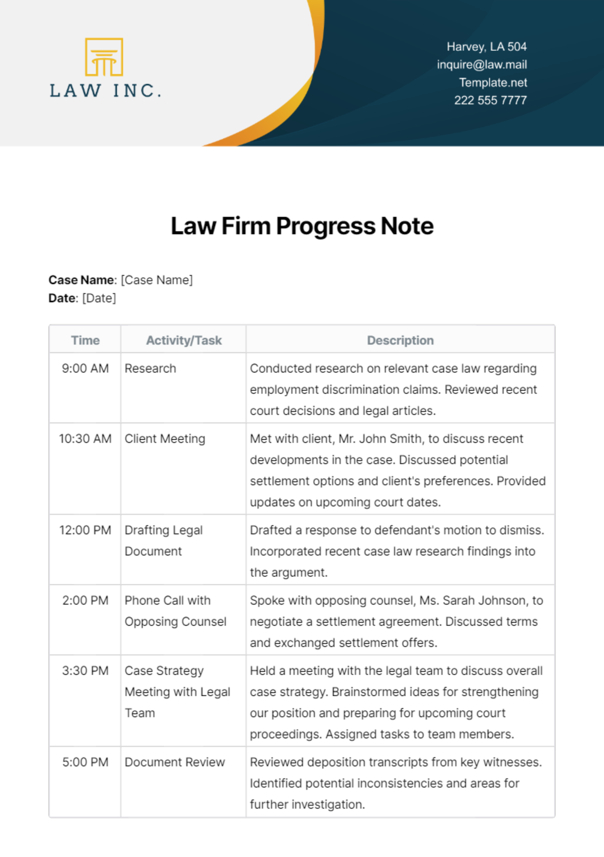 Law Firm Progress Note Template - Edit Online & Download