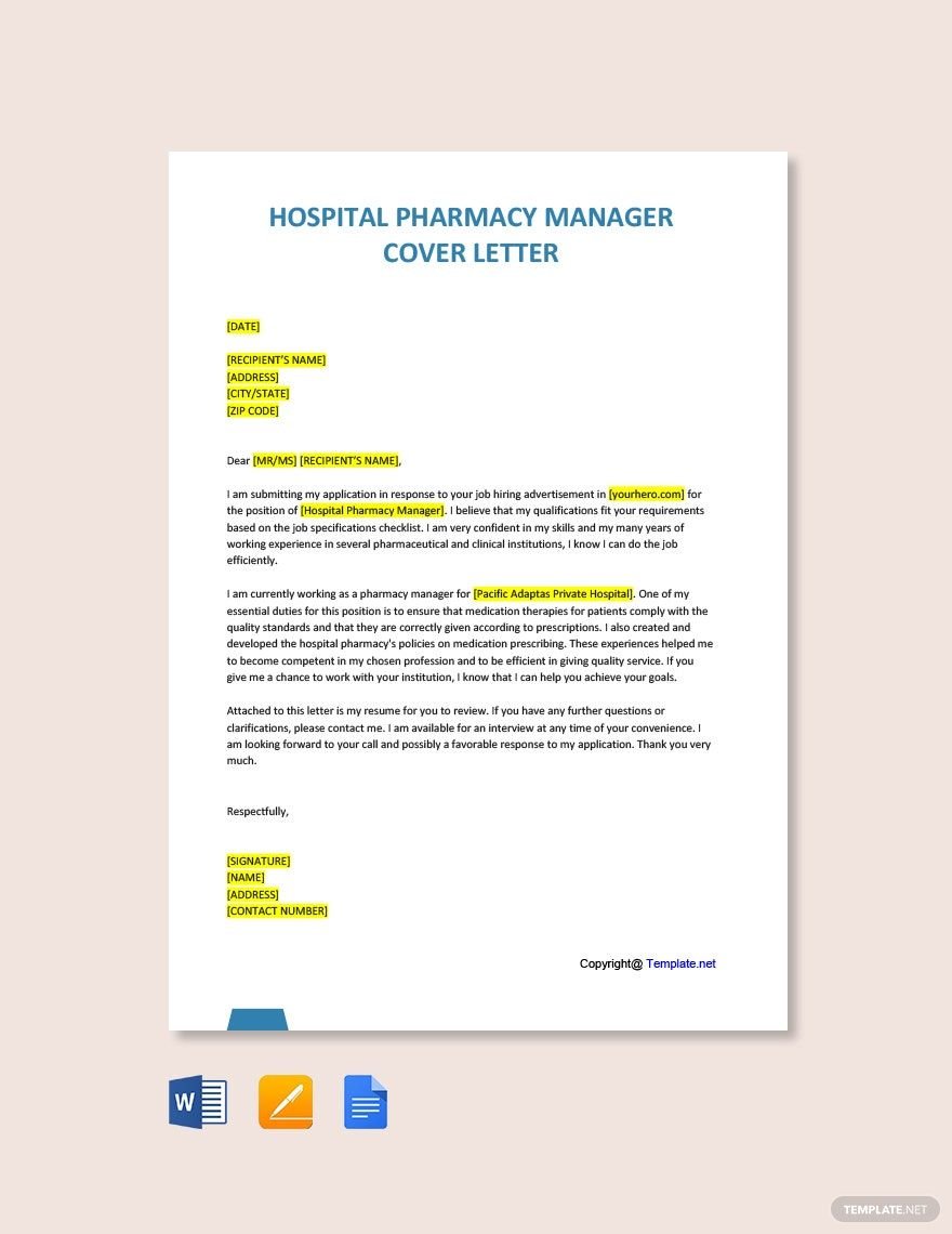 Free Hospital Pharmacy Manager Cover Letter in Word, Google Docs, PDF, Apple Pages