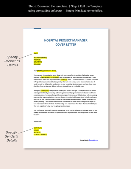 Hospital Project Manager Cover Letter Template [Free PDF] - Google Docs ...