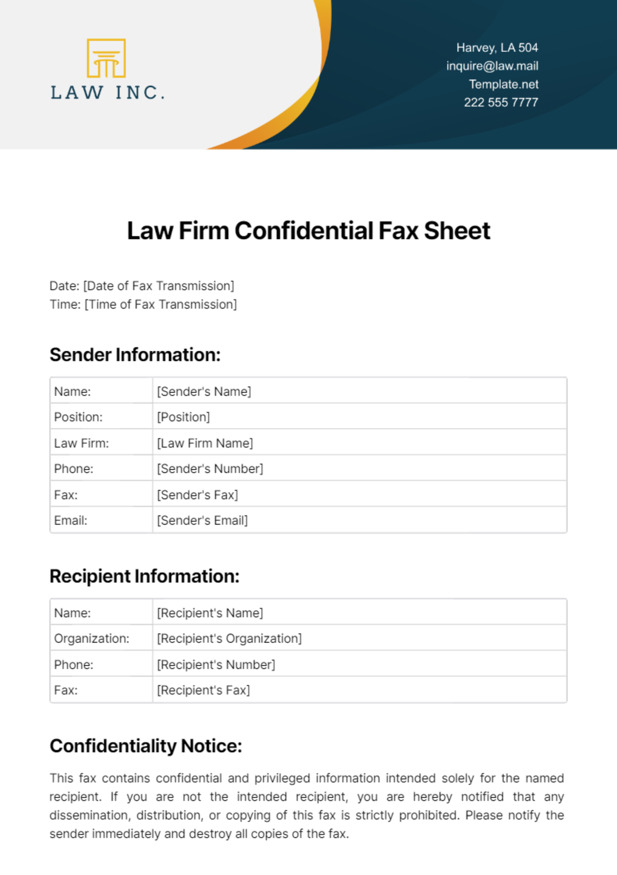 Law Firm Confidential Fax Sheet Template