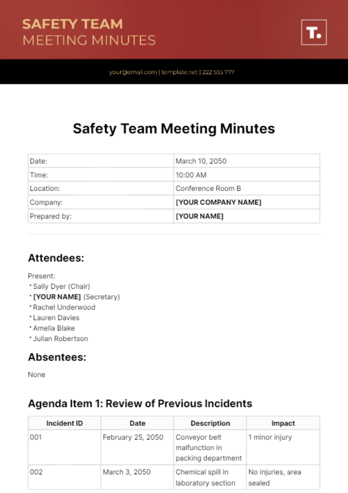 Safety Team Meeting Minutes Template - Edit Online & Download