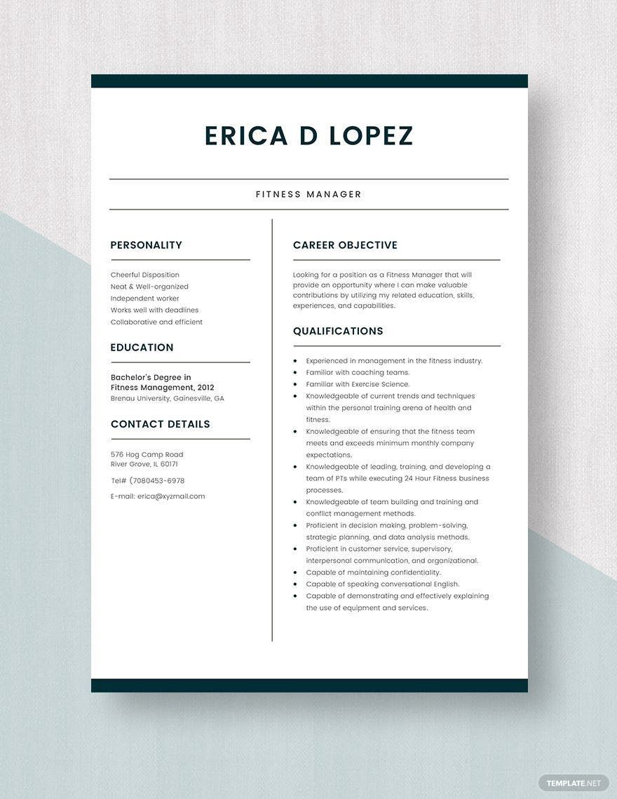 Fitness Manager Resume