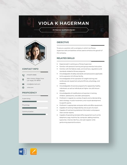 Free Fitness Supervisor Resume Template - Word, Apple Pages