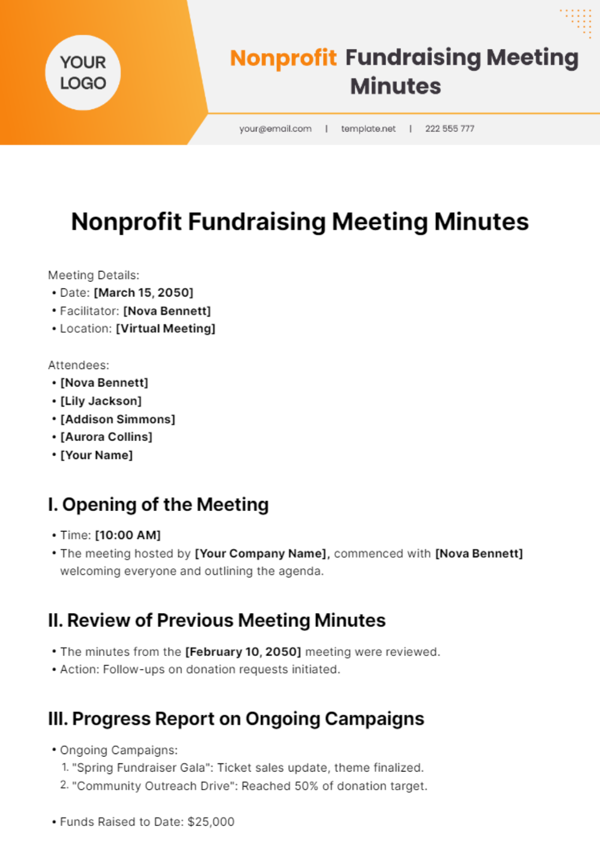 Nonprofit Fundraising Meeting Minutes Template - Edit Online & Download