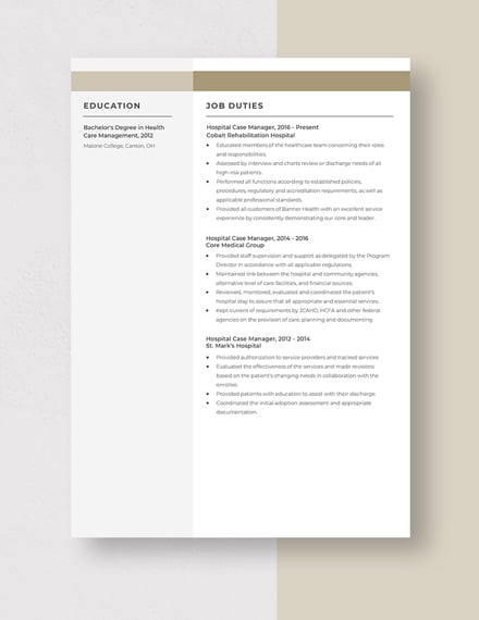 Hospital Case Manager Resume Template