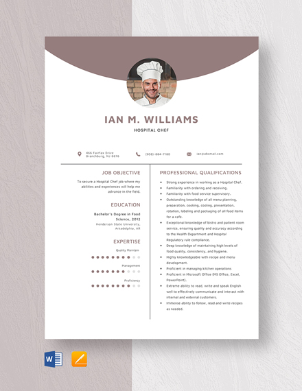 Hospital Chef Resume Template - Word, Apple Pages