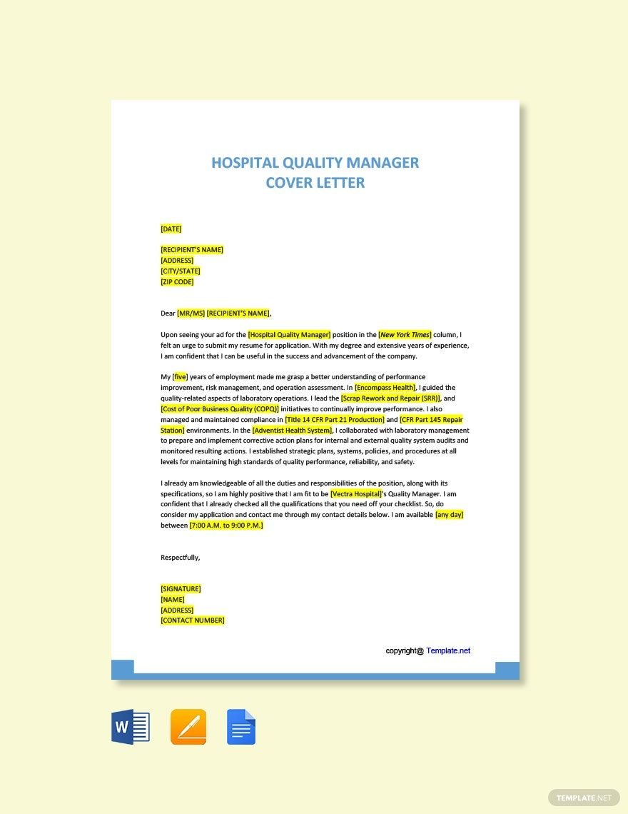 Hospital Quality Manager Cover Letter