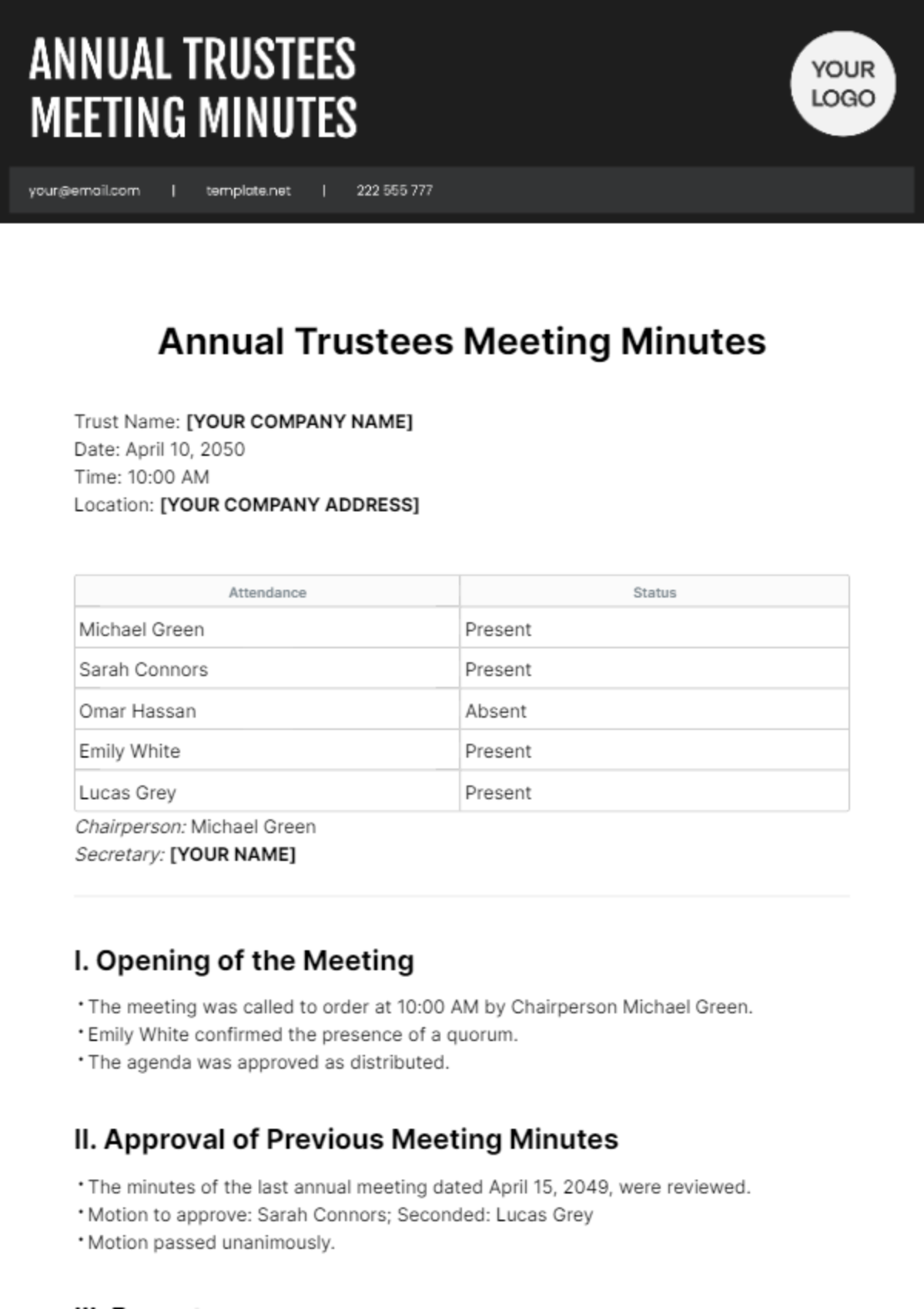 Annual Trustee Meeting Minutes Template - Edit Online & Download