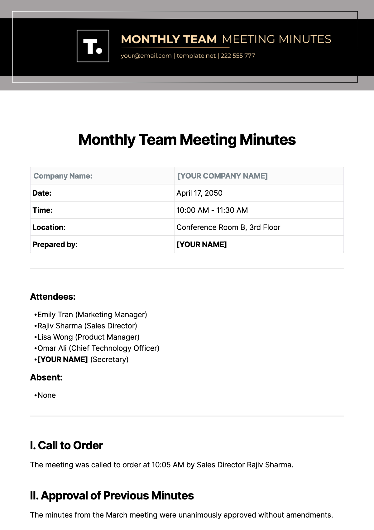 Monthly Team Meeting Minutes Template - Edit Online & Download