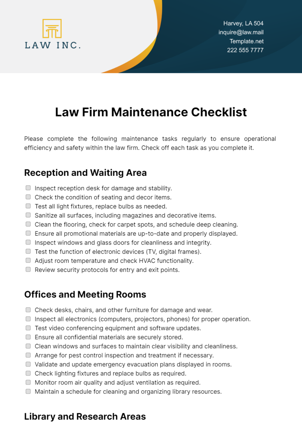 Law Firm Maintenance Checklist Template