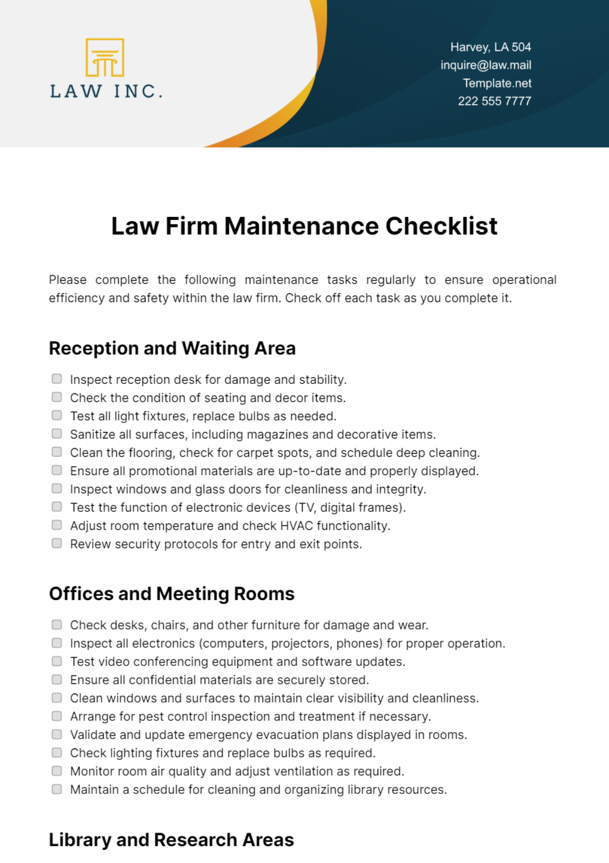 Law Firm Maintenance Checklist Template - Edit Online & Download