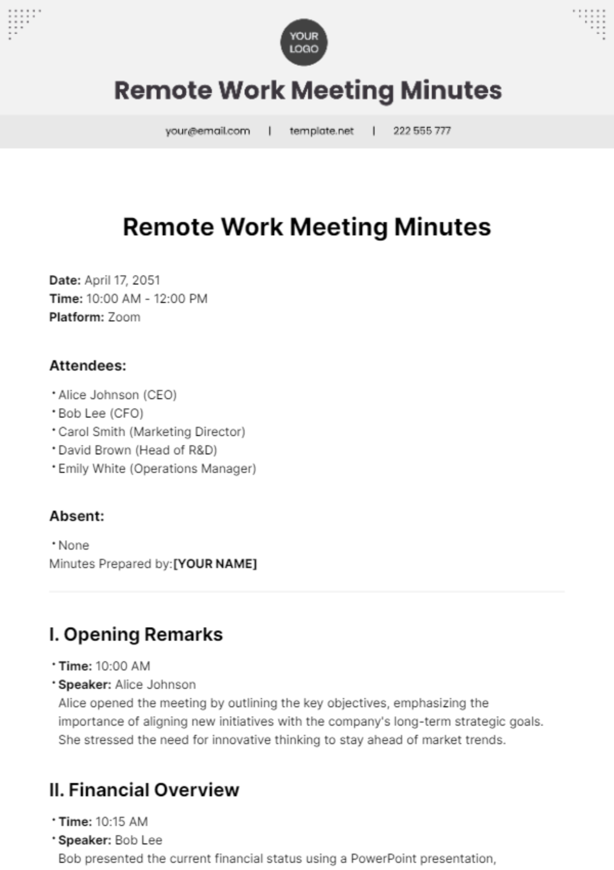 Remote Work Meeting Minutes Template - Edit Online & Download