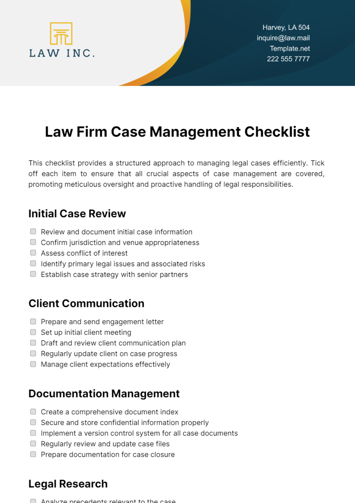 Law Firm Case Management Checklist Template