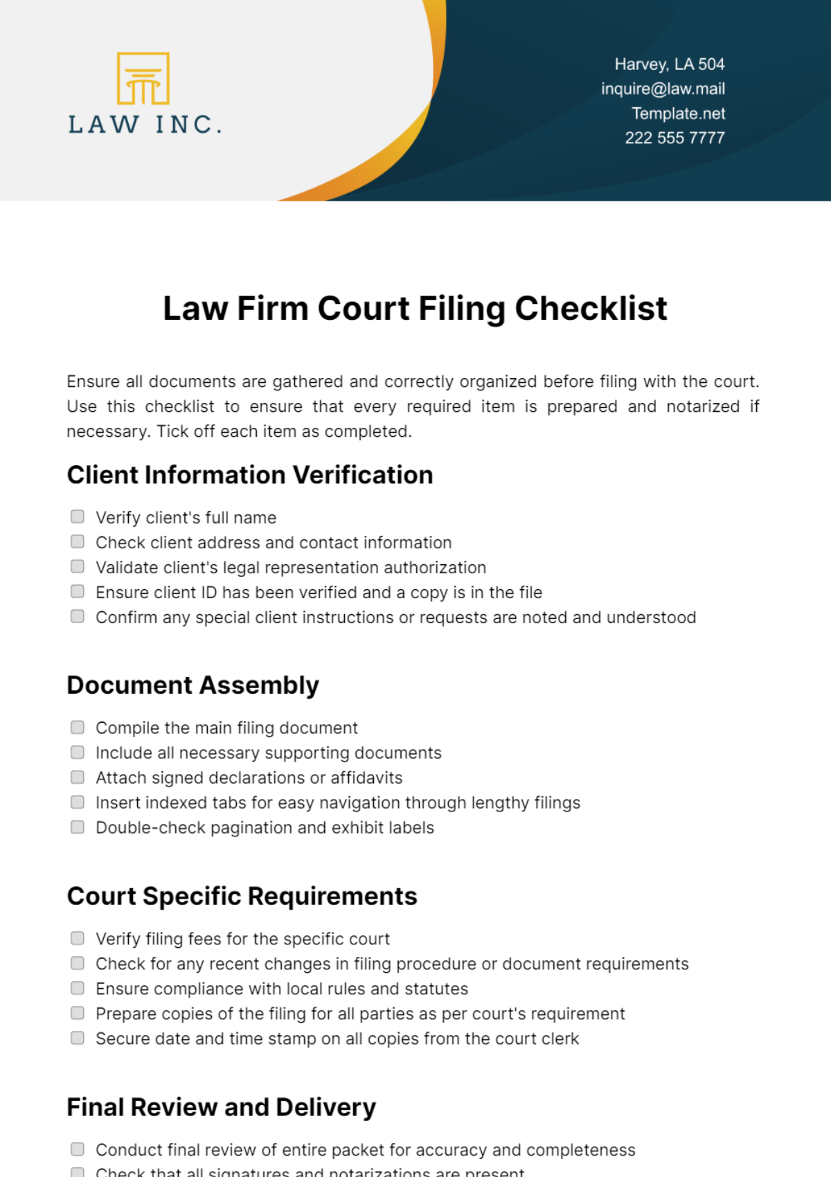 Law Firm Court Filing Checklist Template