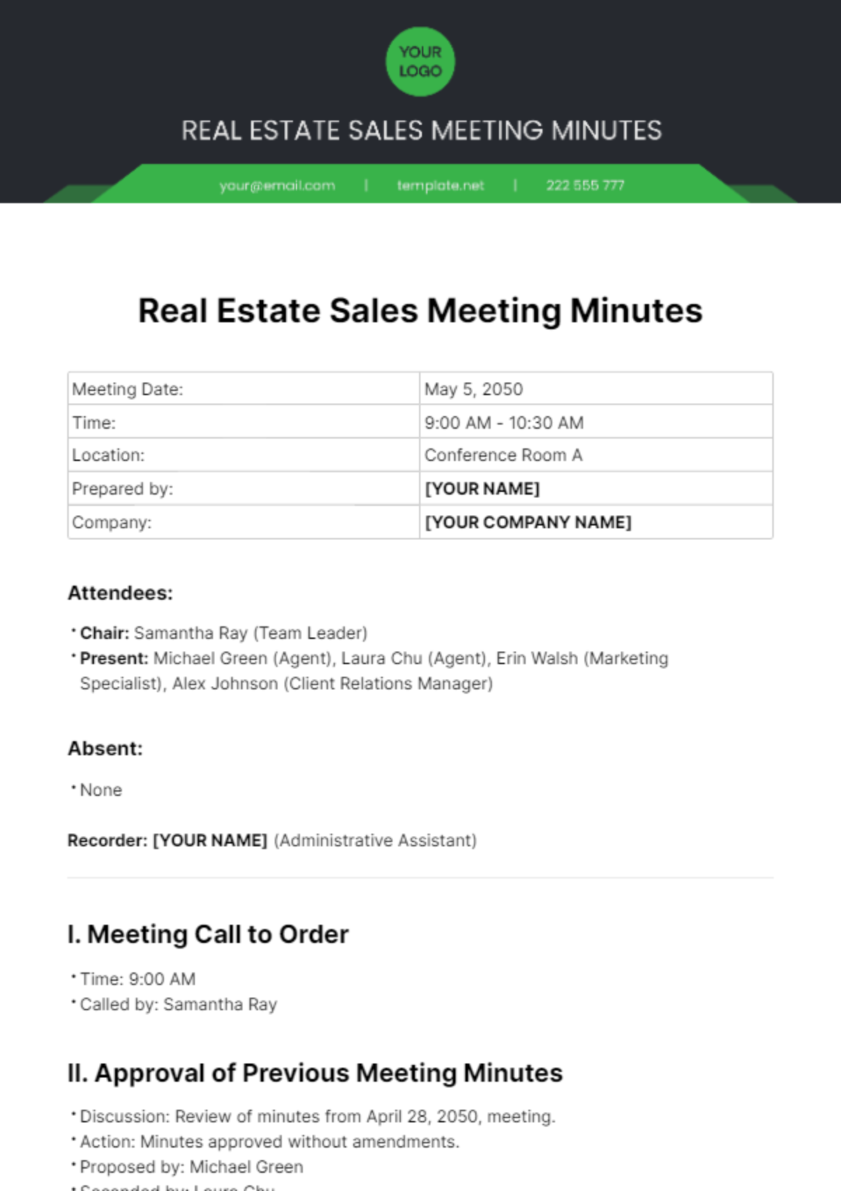 Real Estate Sales Meeting Minutes Template - Edit Online & Download