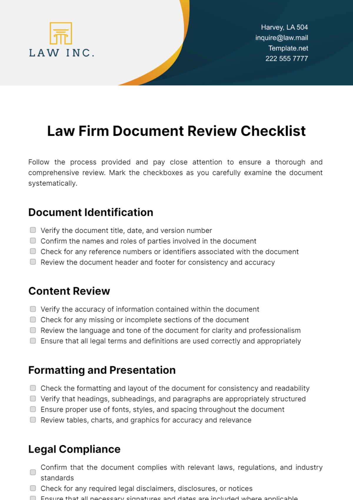 Law Firm Document Review Checklist Template