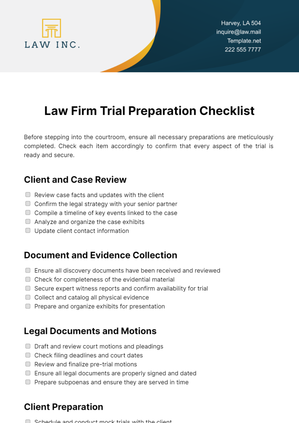 Law Firm Trial Preparation Checklist Template