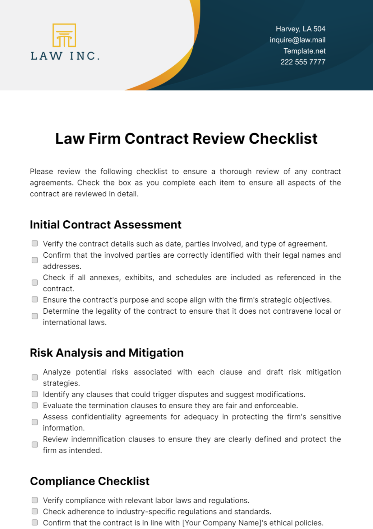 Law Firm Contract Review Checklist Template