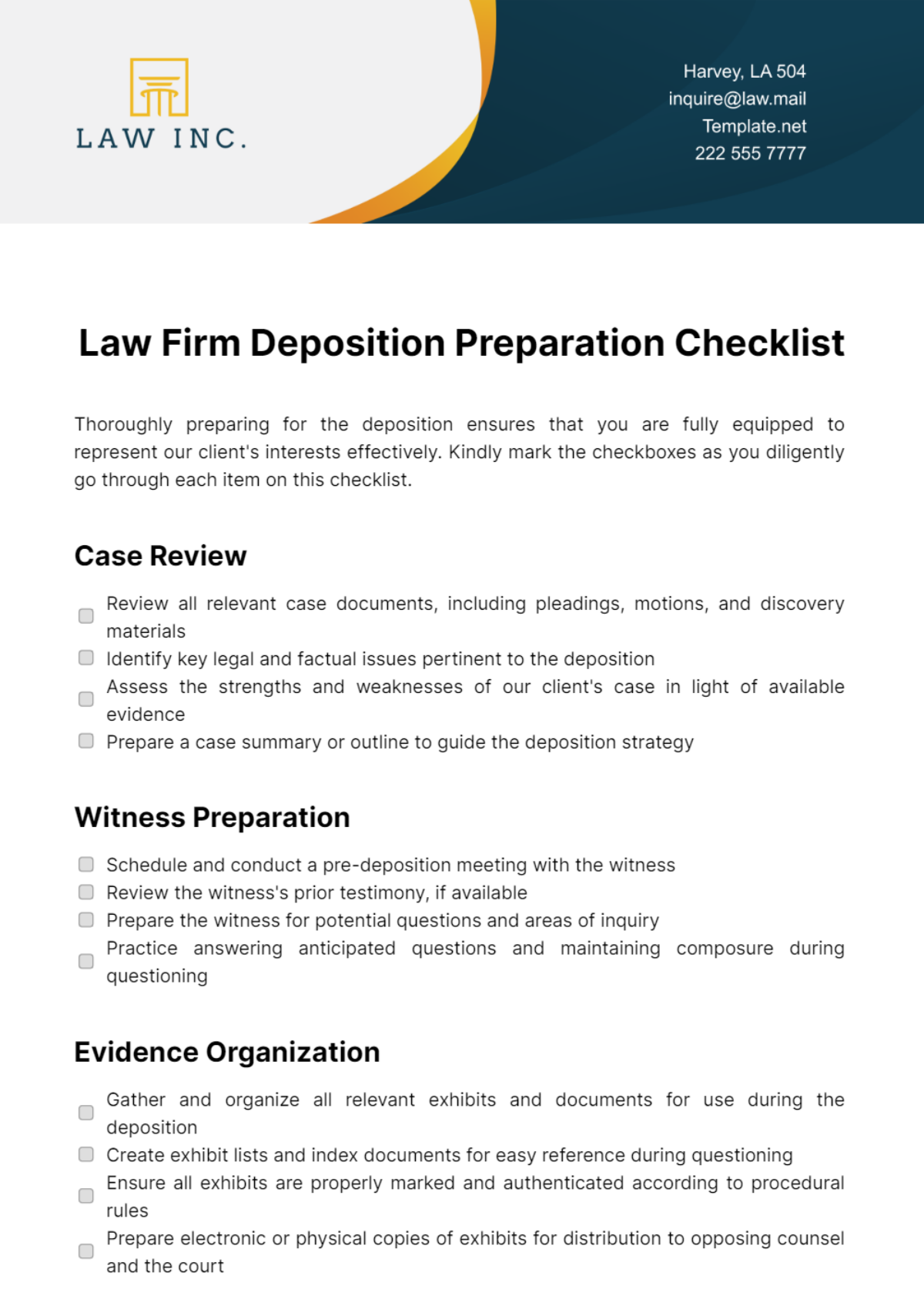 Law Firm Deposition Preparation Checklist Template
