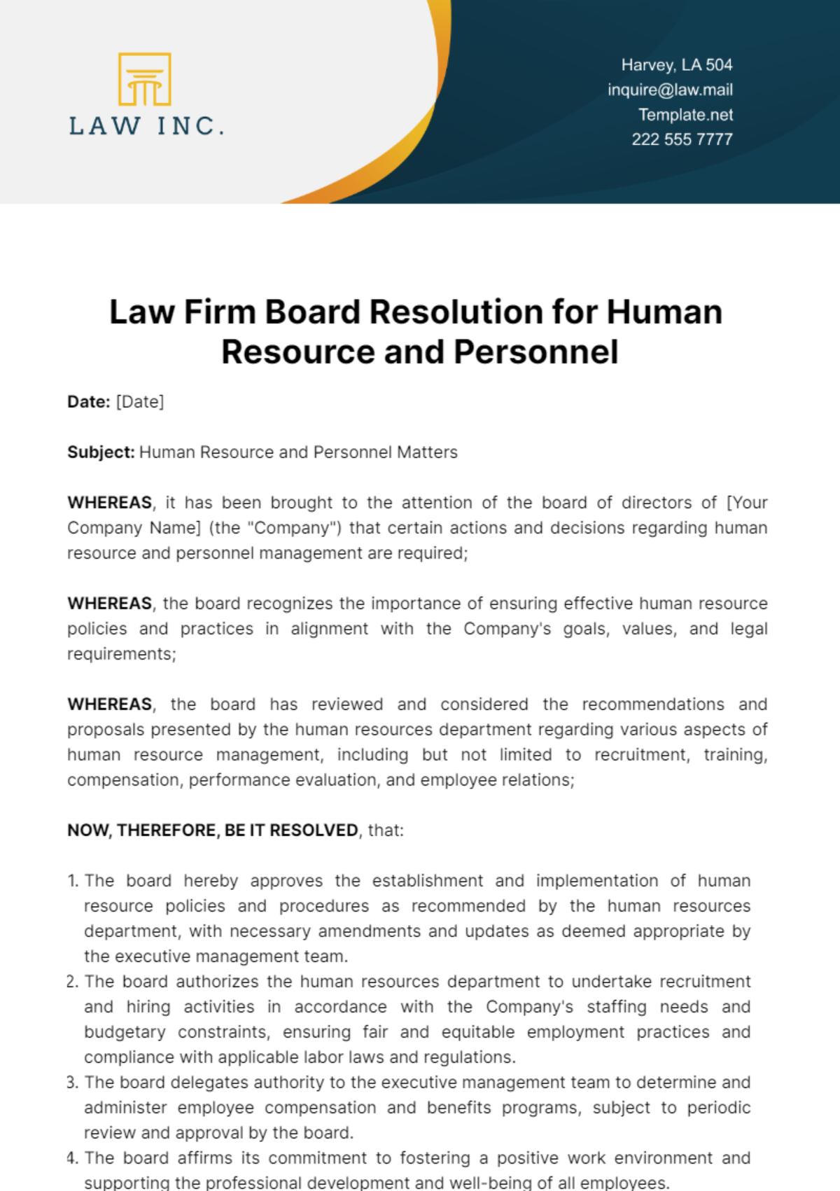 Law Firm Board Resolution for Human Resource and Personnel Template
