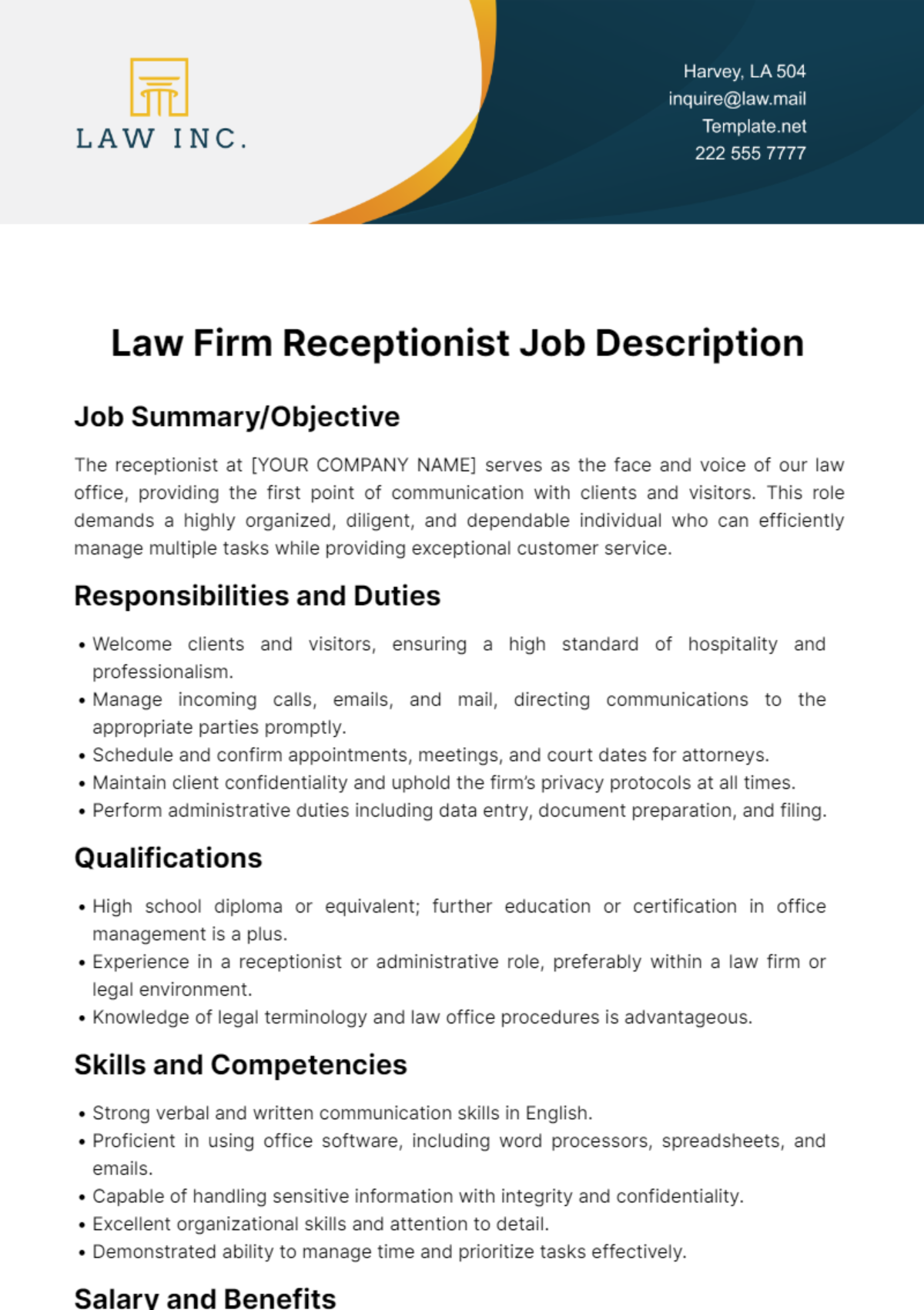 Law Firm Receptionist Job Description Template